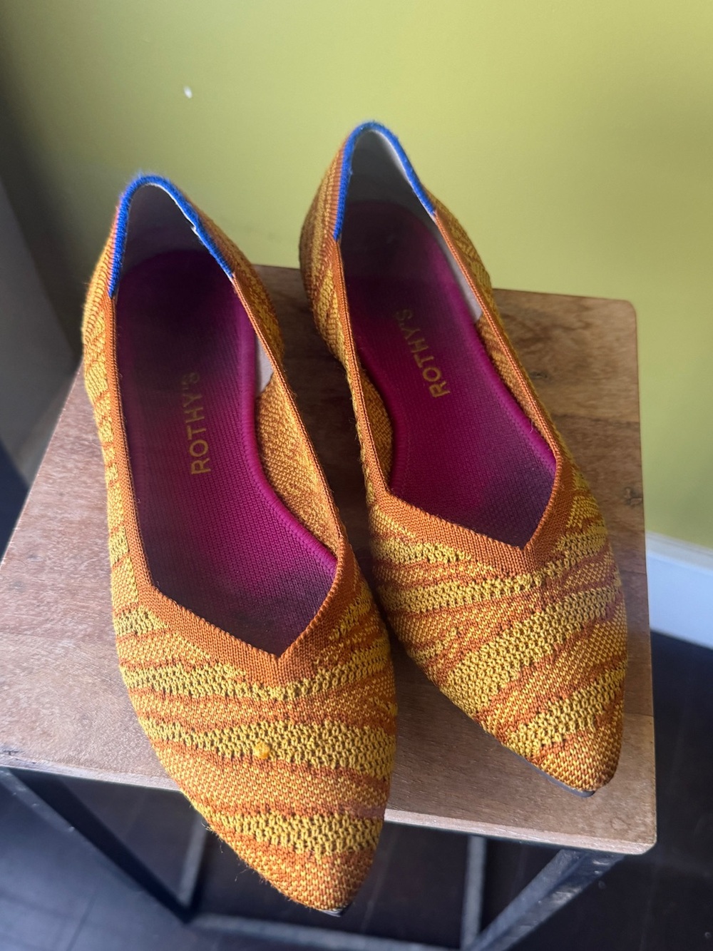 Rothy's Knit Pointed Flats in Orange with Magenta Insole and Blue Trim
